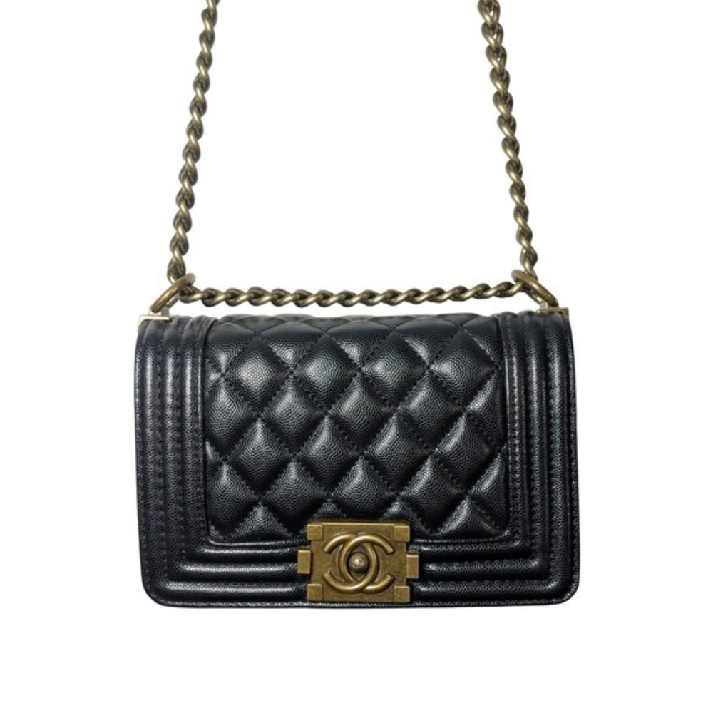 Luxury Black Caviar Leather Quilted Small Boy Flap Crossbody Bag Gothic Chic
